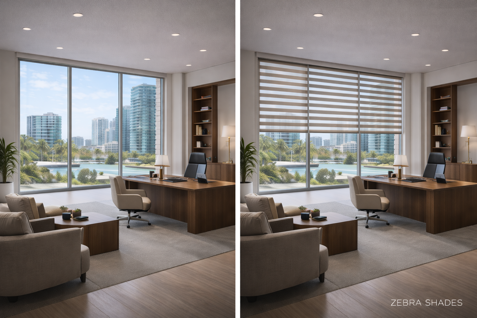 Before and after light gray zebra shades executive office corporate suite Felicia Interiors Miami South Florida